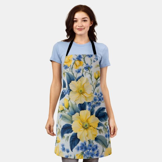 美しい黄色と青い花 エプロン (着用した状態)