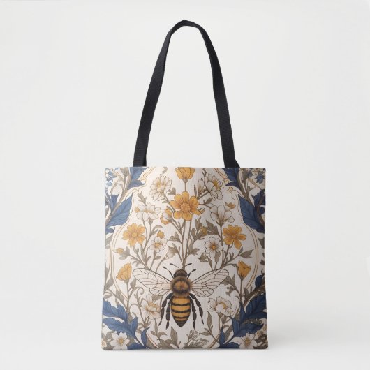 美しい黄色と青の花のビンテージビー トートバッグ (正面)