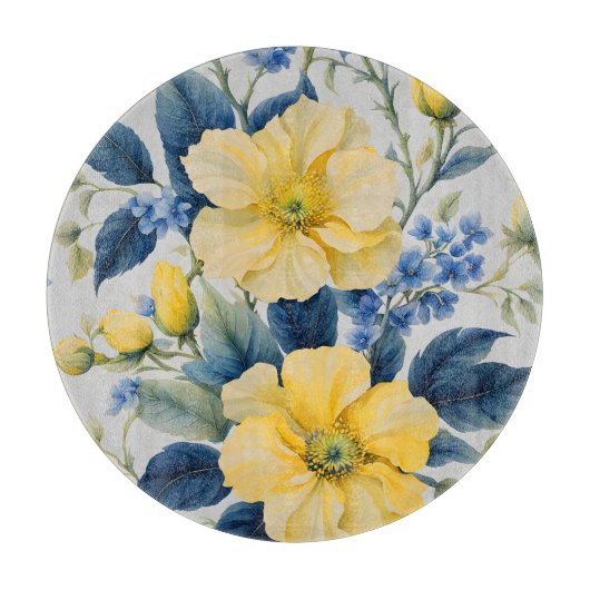 美しい黄色と青の花 カッティングボード (正面)