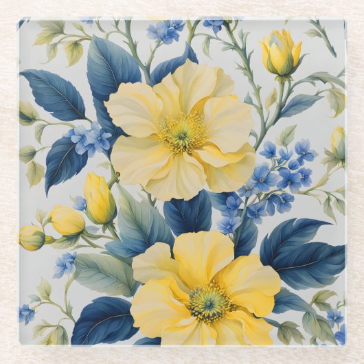 美しい黄色と青の花 ガラスコースター (正面)