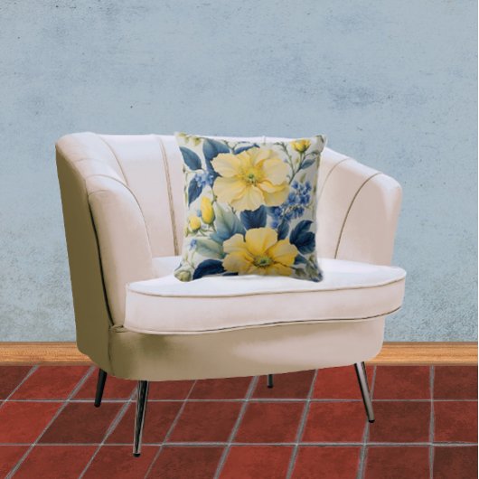 美しい黄色と青の花 クッション