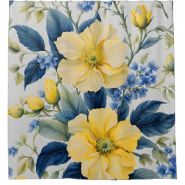 美しい黄色と青の花 シャワーカーテン