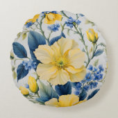美しい黄色と青の花 ラウンドクッション (正面)