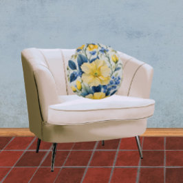 美しい黄色と青の花 ラウンドクッション