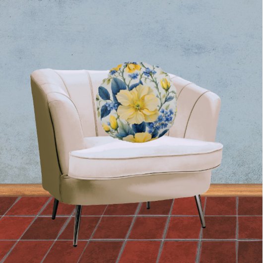 美しい黄色と青の花 ラウンドクッション