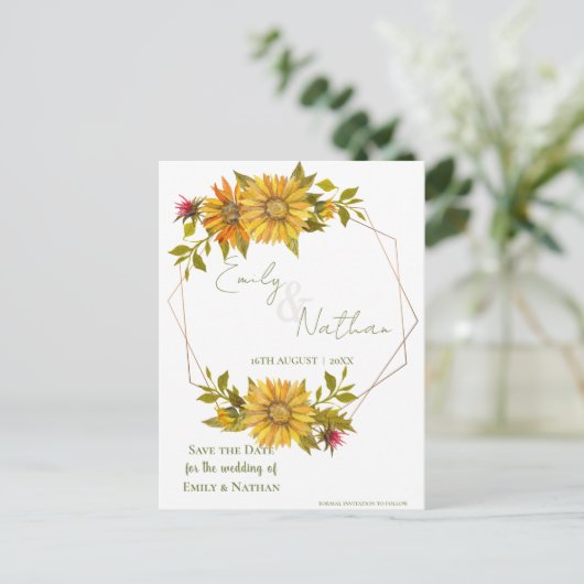 美しい黄色のひまわりフレームフォト結婚ズ 案内ポストカード (スタンド正面)