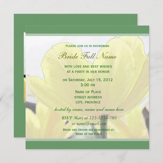 美しい黄色のチューリップ花の緑のブライダルシャワー 招待状 (正面/裏面)