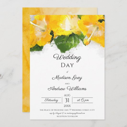 美しい黄色のハイビスカスの花のアートウェディング招待状 招待状 (正面/裏面)