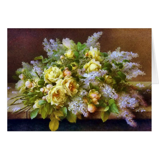 美しい黄色のバラとライラ絵画ックスのカード (正面横)