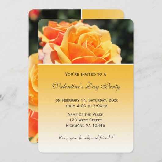 美しい黄色のバラの花のバレンタインデーパーティー 招待状 (正面/裏面)