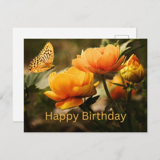 美しい黄色の花たち、蝶よ、お誕生日おめでとう ポストカード (正面/裏面)