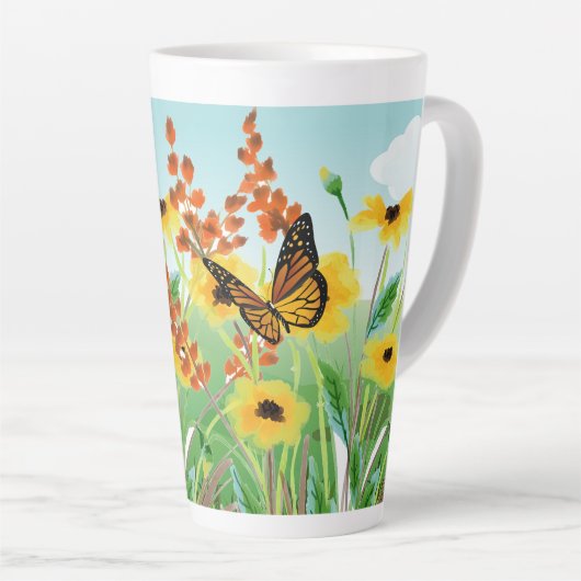 美しい黄色の花青空と蝶 カフェラテマグ (右アングル)