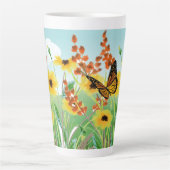 美しい黄色の花青空と蝶 カフェラテマグ (正面)