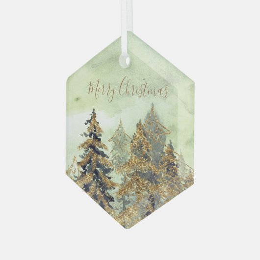 美しい黄金の緑のクリスマスツリー ガラスオーナメント (正面左)