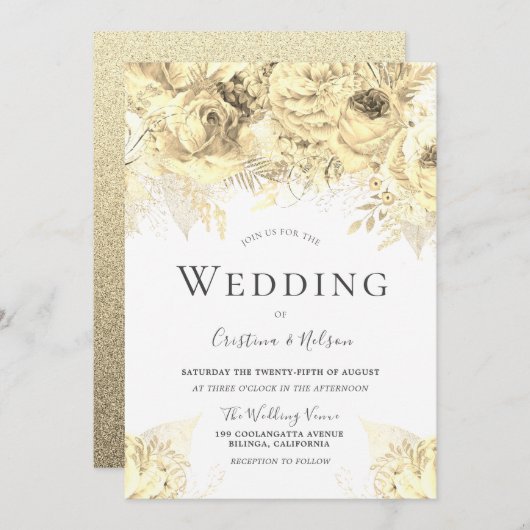 美しい黄金の花エレガントな結婚式 招待状 (正面/裏面)