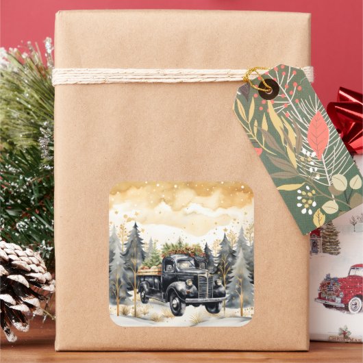 美しい黒いヴィンテージトラックの金ゴールドスカイ スクエアシール (クリスマス)