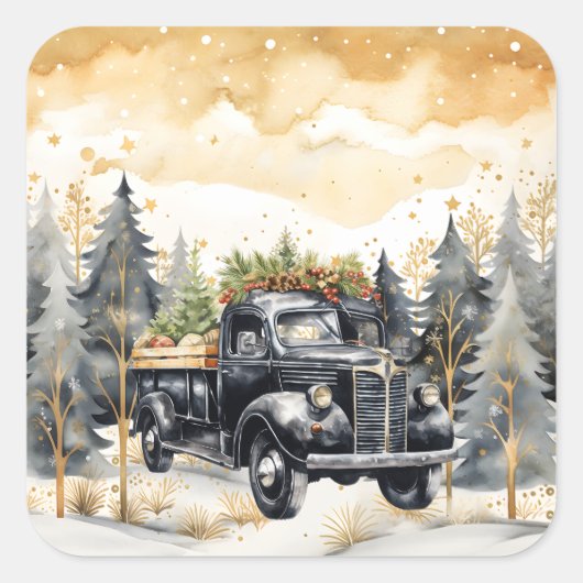 美しい黒いヴィンテージトラックの金ゴールドスカイ スクエアシール (正面)