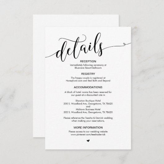 美しい黒い台本結婚の詳細 エンクロージャーカード (正面/裏面)