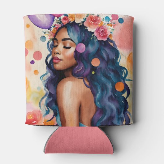 美しい黒い女数々の色のパーティーアート 缶クーラー (裏面)