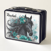 美しい黒い馬とターコイズの花 メタルランチボックス (裏面)