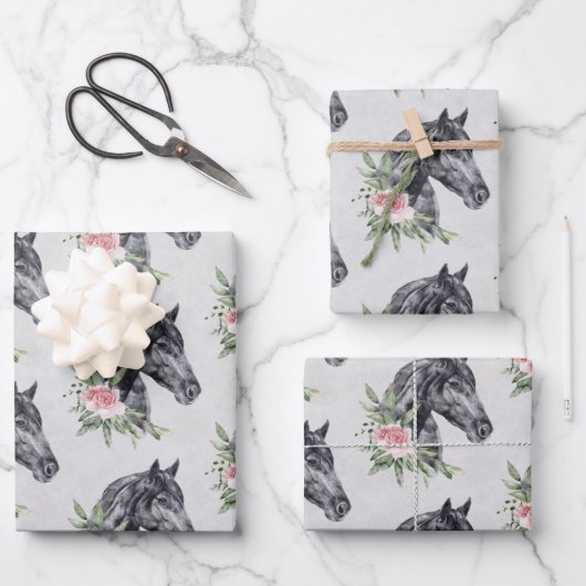 美しい黒い馬の頭ポートレート水の色Wra ラッピングペーパーシート (正面)