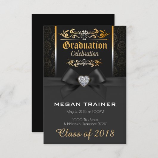 美しい黒および金ゴールドの卒業の招待状 招待状 (正面/裏面)