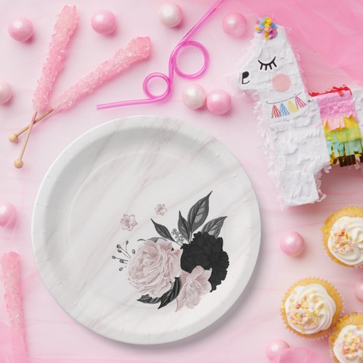 美しい黒とピンクの花大理石 ペーパープレート (パーティー)