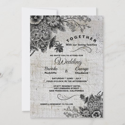 美しい黒と灰色芸術的の花結婚の数 招待状 (正面)
