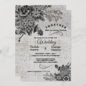 美しい黒と灰色芸術的の花結婚の数 招待状 (正面/裏面)