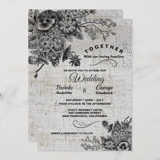 美しい黒と灰色芸術的の花結婚の数 招待状 (正面/裏面)