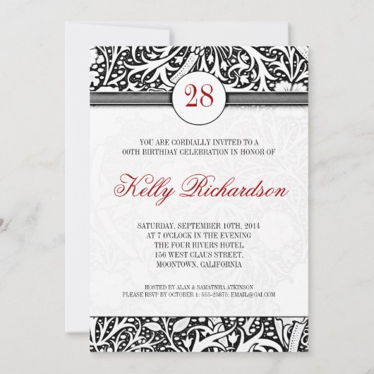 美しい黒と白のダマスク誕生日招待状 招待状 (裏面)