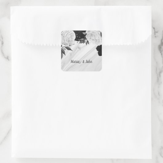 美しい黒と白の花大理石 スクエアシール (バッグ)