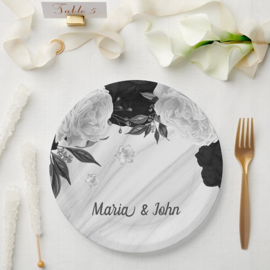 美しい黒と白の花大理石 ペーパープレート (ウェディング)