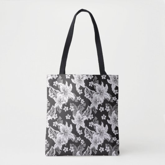 美しい黒と白の花柄 トートバッグ (正面)