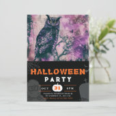 美しい黒と紫のフクロウ 黒ハロウィン 招待状 (スタンド正面)
