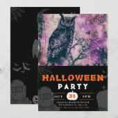 美しい黒と紫のフクロウ 黒ハロウィン 招待状 (正面/裏面)