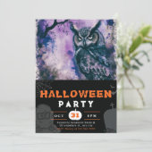 美しい黒と紫のフクロウ 黒ハロウィン 招待状 (スタンド正面)