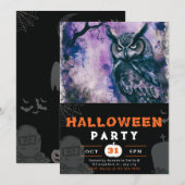 美しい黒と紫のフクロウ 黒ハロウィン 招待状 (正面/裏面)