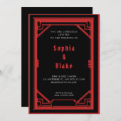 美しい黒と赤のアールデコ結婚ズ 招待状 (正面/裏面)