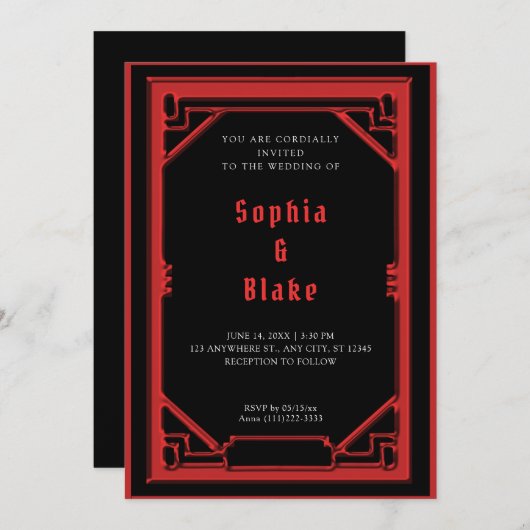 美しい黒と赤のアールデコ結婚ズ 招待状 (正面/裏面)