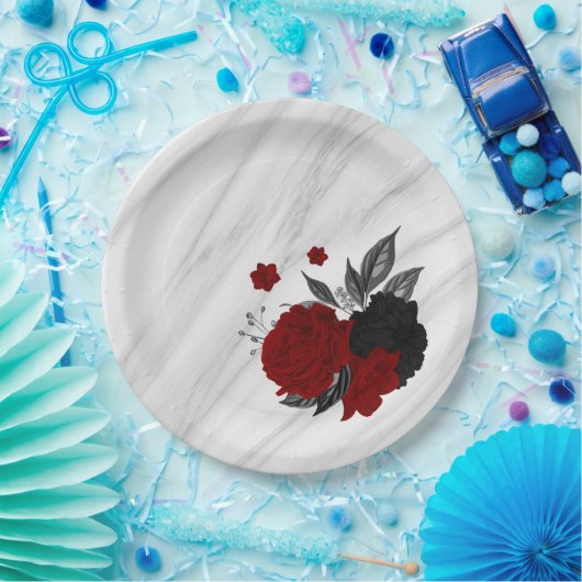 美しい黒と赤の花大理石 ペーパープレート (パーティー)