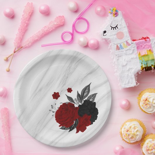 美しい黒と赤の花大理石 ペーパープレート (パーティー)