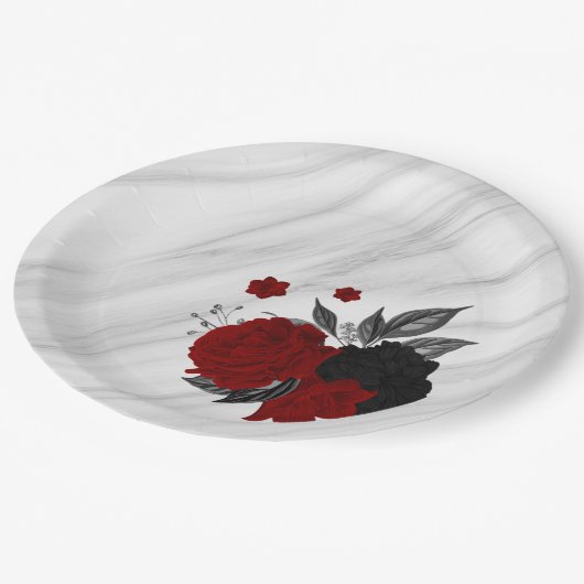 美しい黒と赤の花大理石 ペーパープレート (アングル)