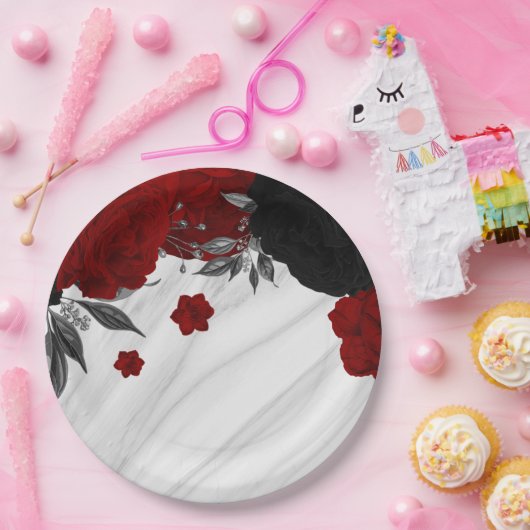 美しい黒と赤の花大理石 ペーパープレート (パーティー)