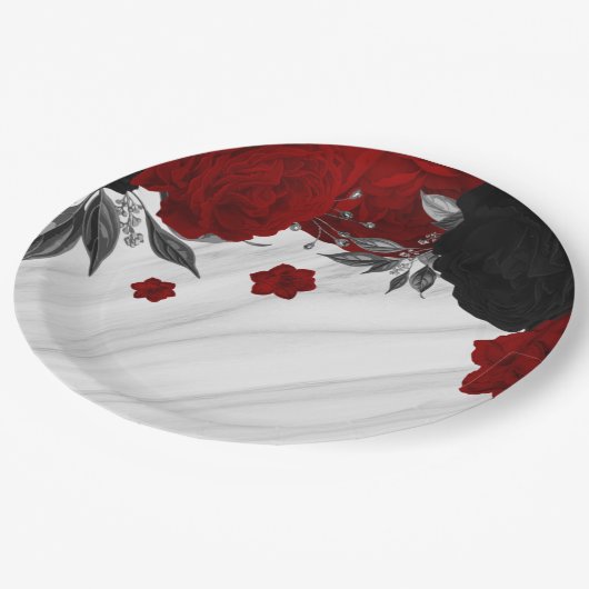 美しい黒と赤の花大理石 ペーパープレート (アングル)