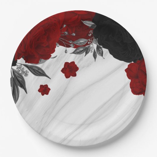 美しい黒と赤の花大理石 ペーパープレート (正面)