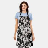 美しい黒と軽いセピア色のトーンフローラ エプロン (着用した状態)