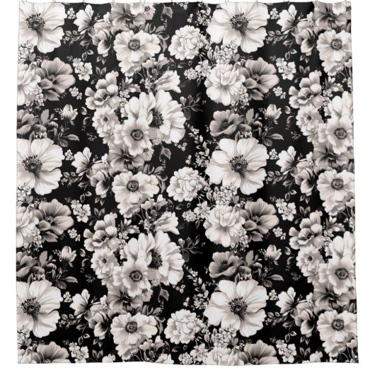 美しい黒と軽いセピア色のトーンフローラ シャワーカーテン (正面)