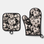 美しい黒と軽いセピア色のトーンフローラ 鍋つかみ&鍋敷きセット (正面)