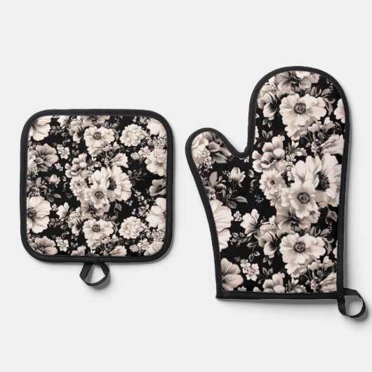 美しい黒と軽いセピア色のトーンフローラ 鍋つかみ&鍋敷きセット (正面)